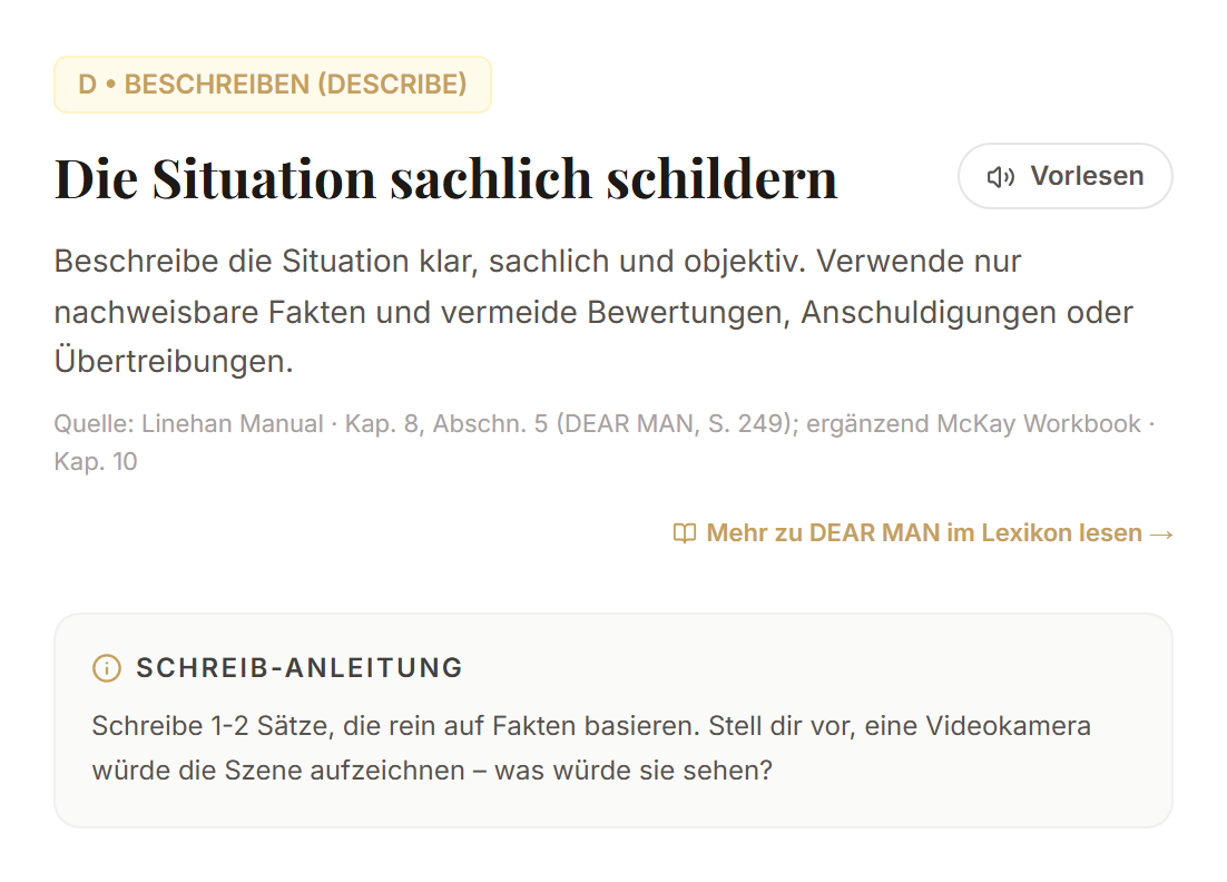 Eine Schrittkarte mit Anleitung und Eingabefeld für die eigene Formulierung.