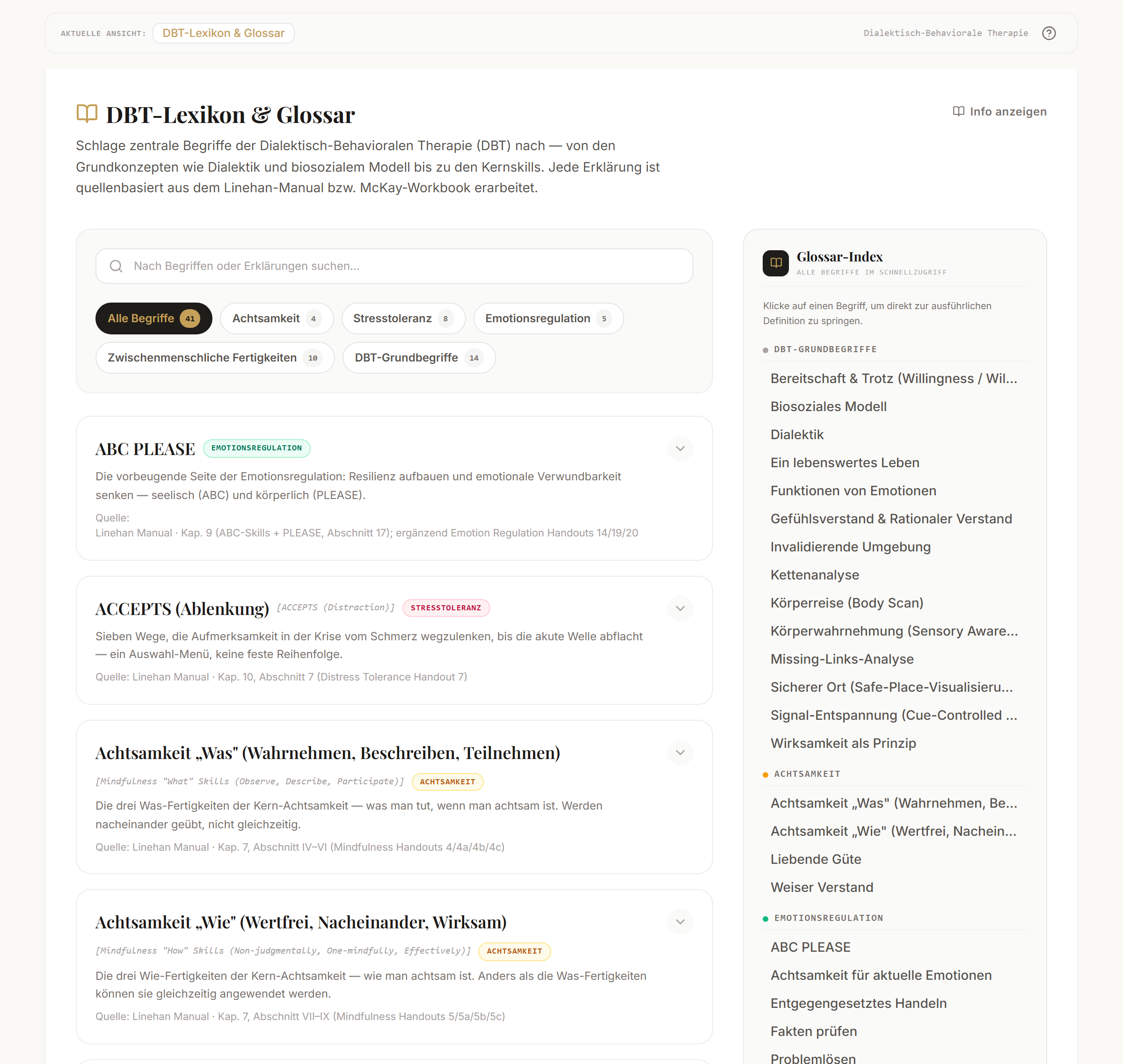 Das DBT-Lexikon mit Suche, Modulfilter und Glossar-Index.