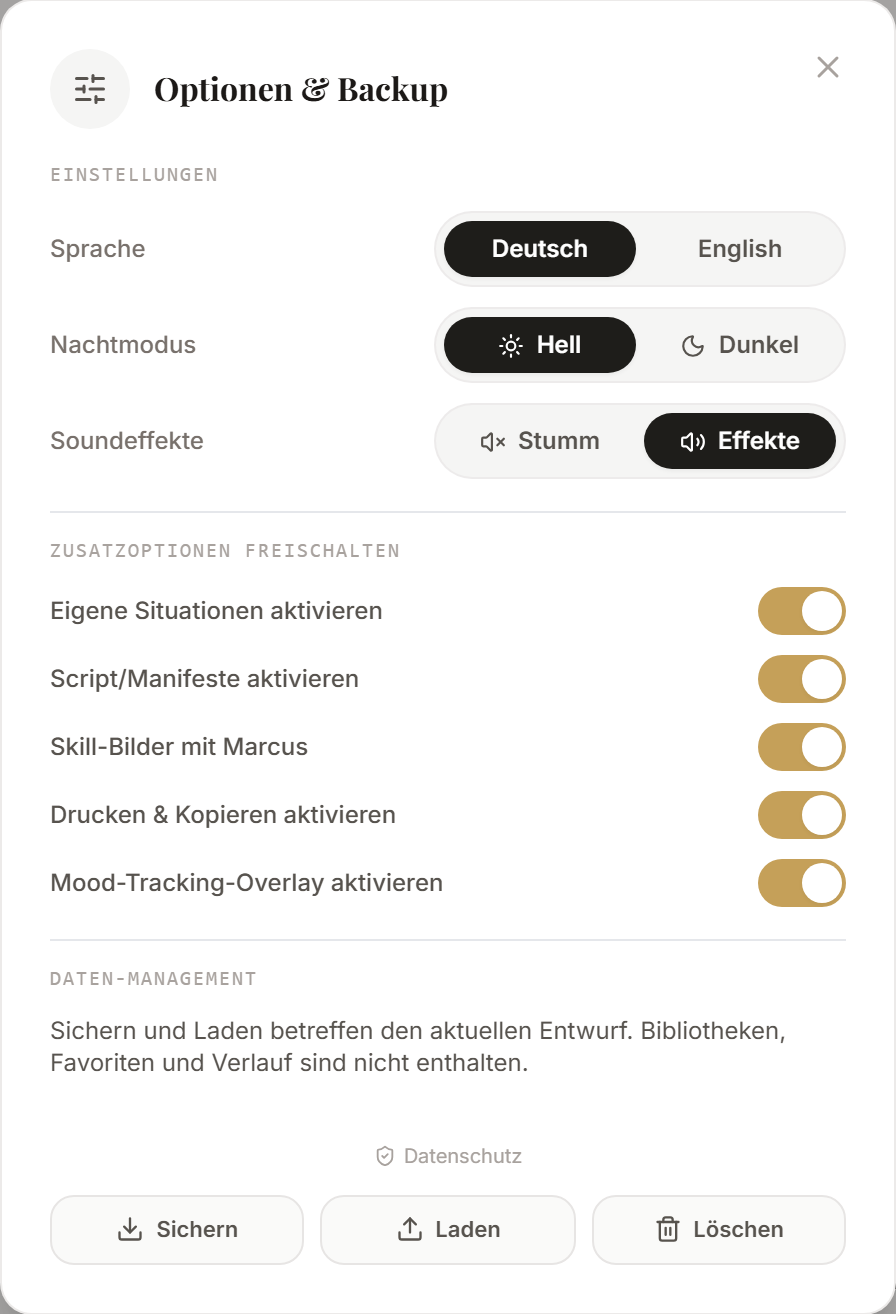 Optionen und Backup mit Einstellungen und Schaltflächen zur Datensicherung.
