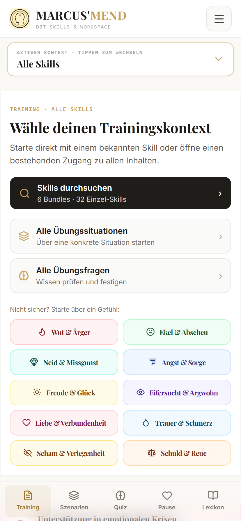 Die mobile Startansicht mit der Navigation am unteren Bildschirmrand.