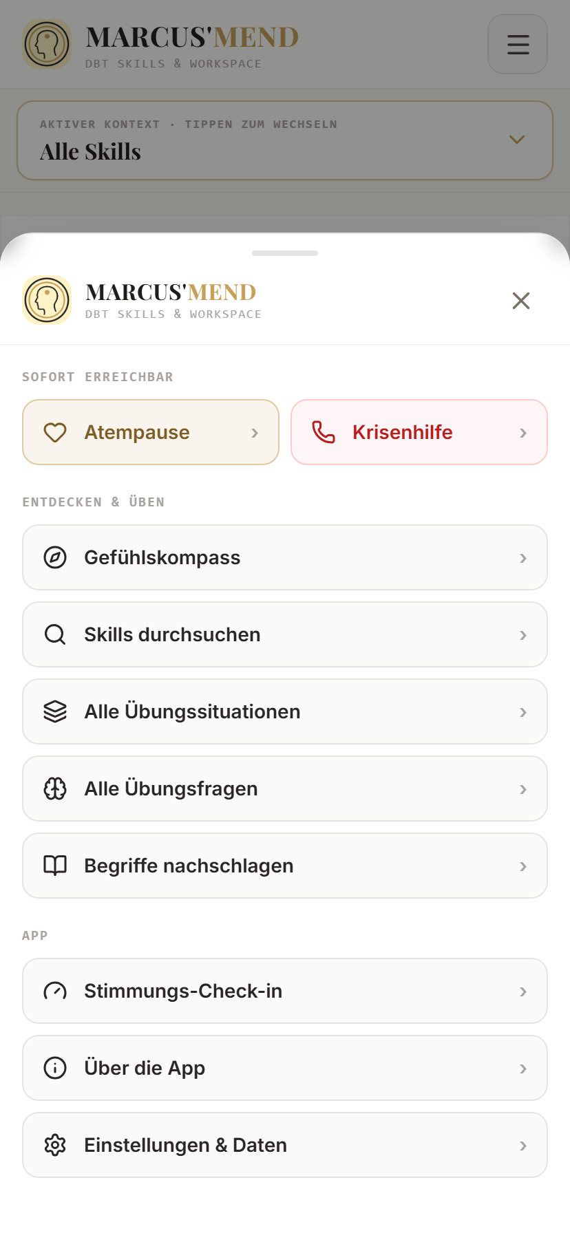 Das mobile Menü mit Bereichen, Übungen, Stimmung und Einstellungen.