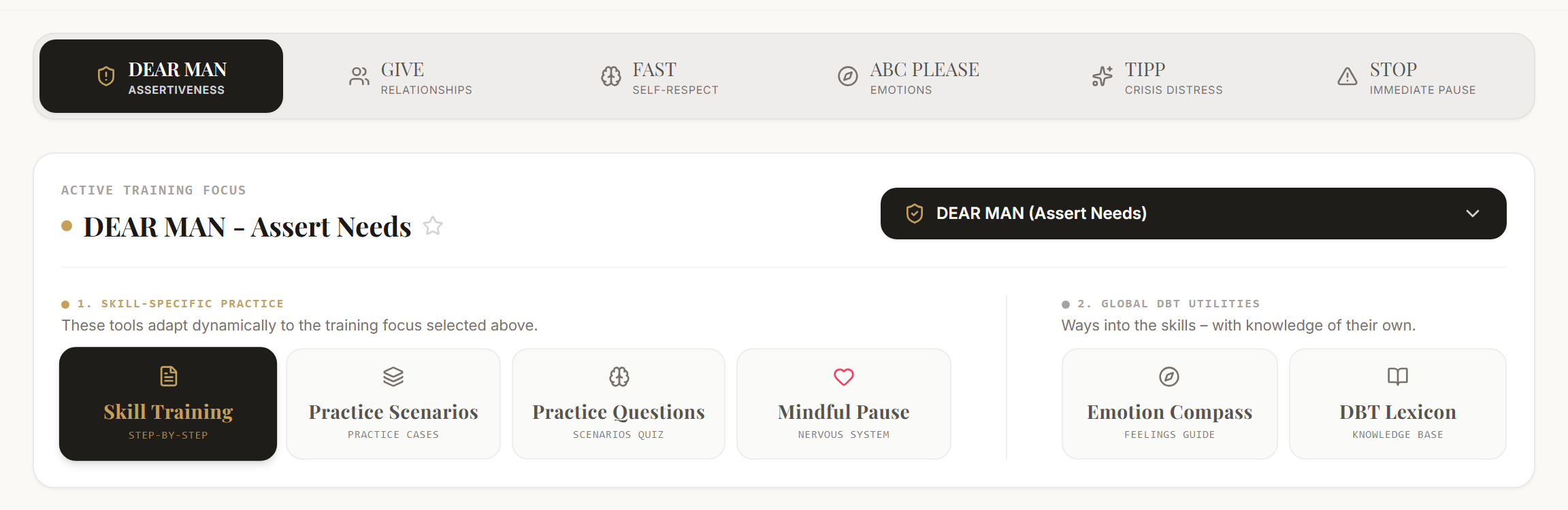 Skill selection with DBT bundles and menu for individual skills.