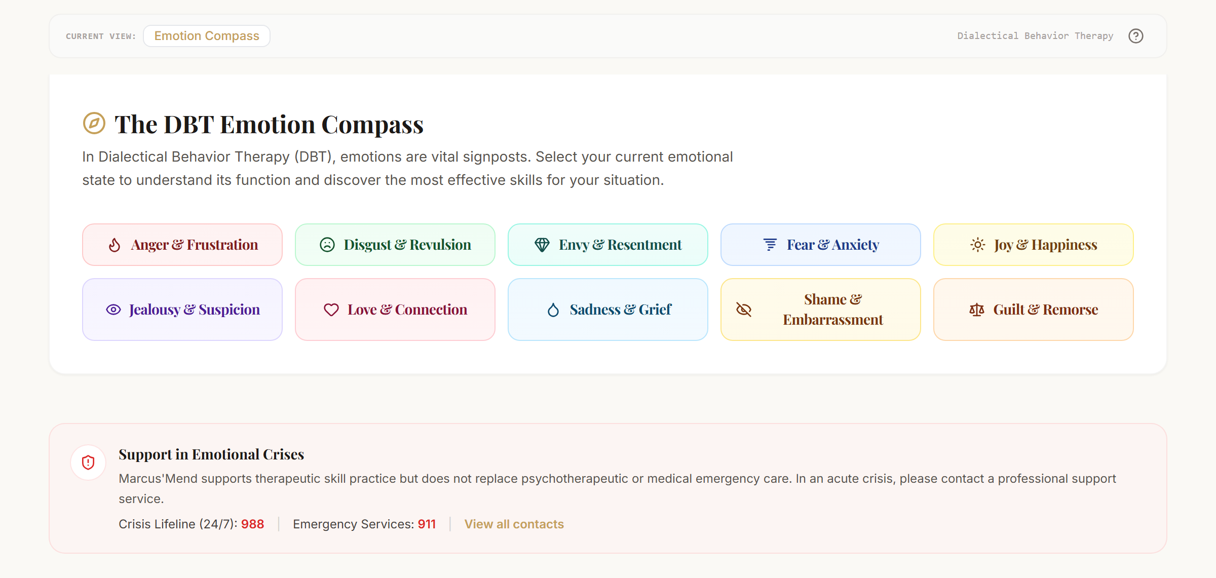 Feeling compass with emotional context and suitable next steps.