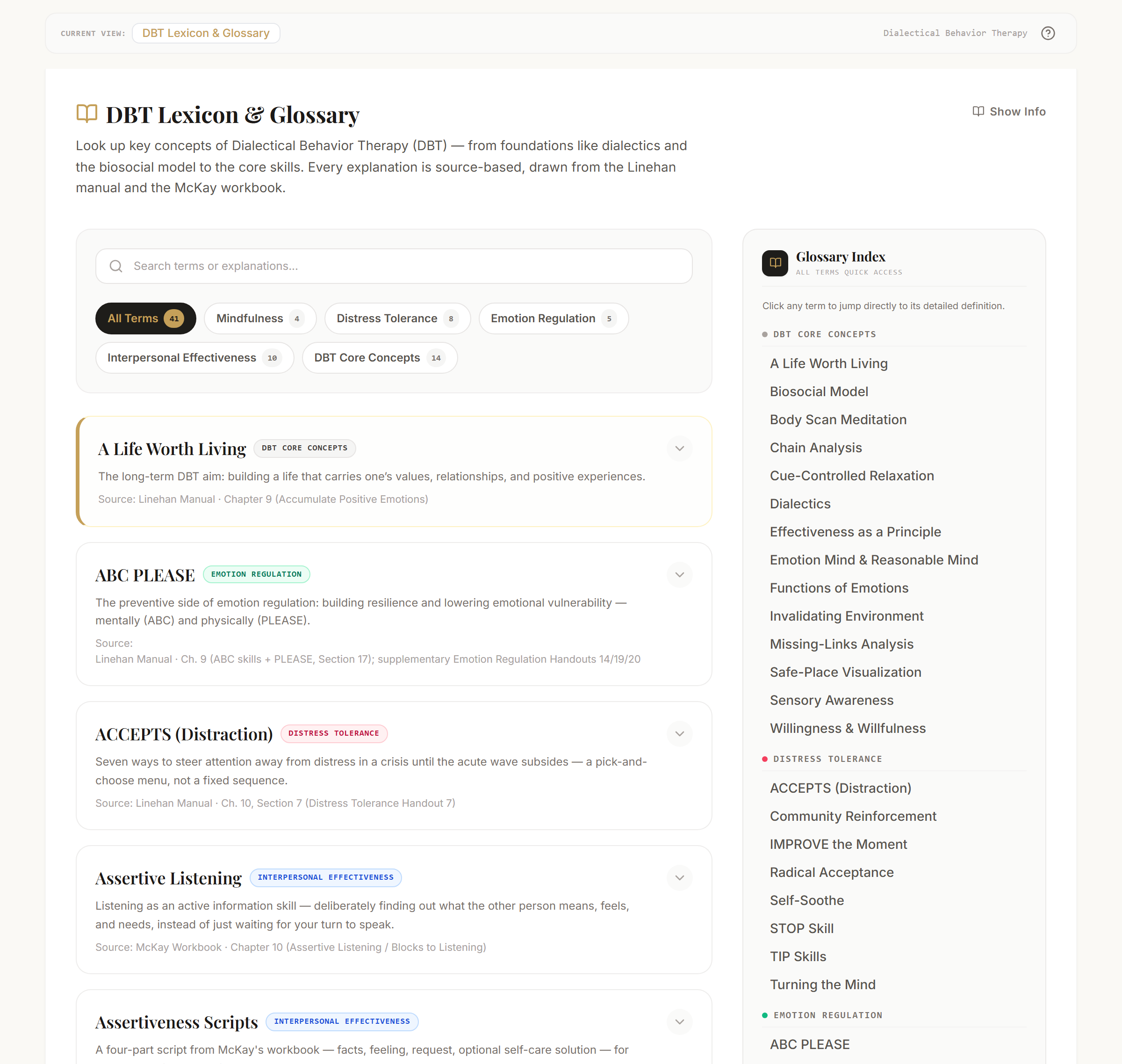 The DBT glossary with search, module filter, and glossary index.