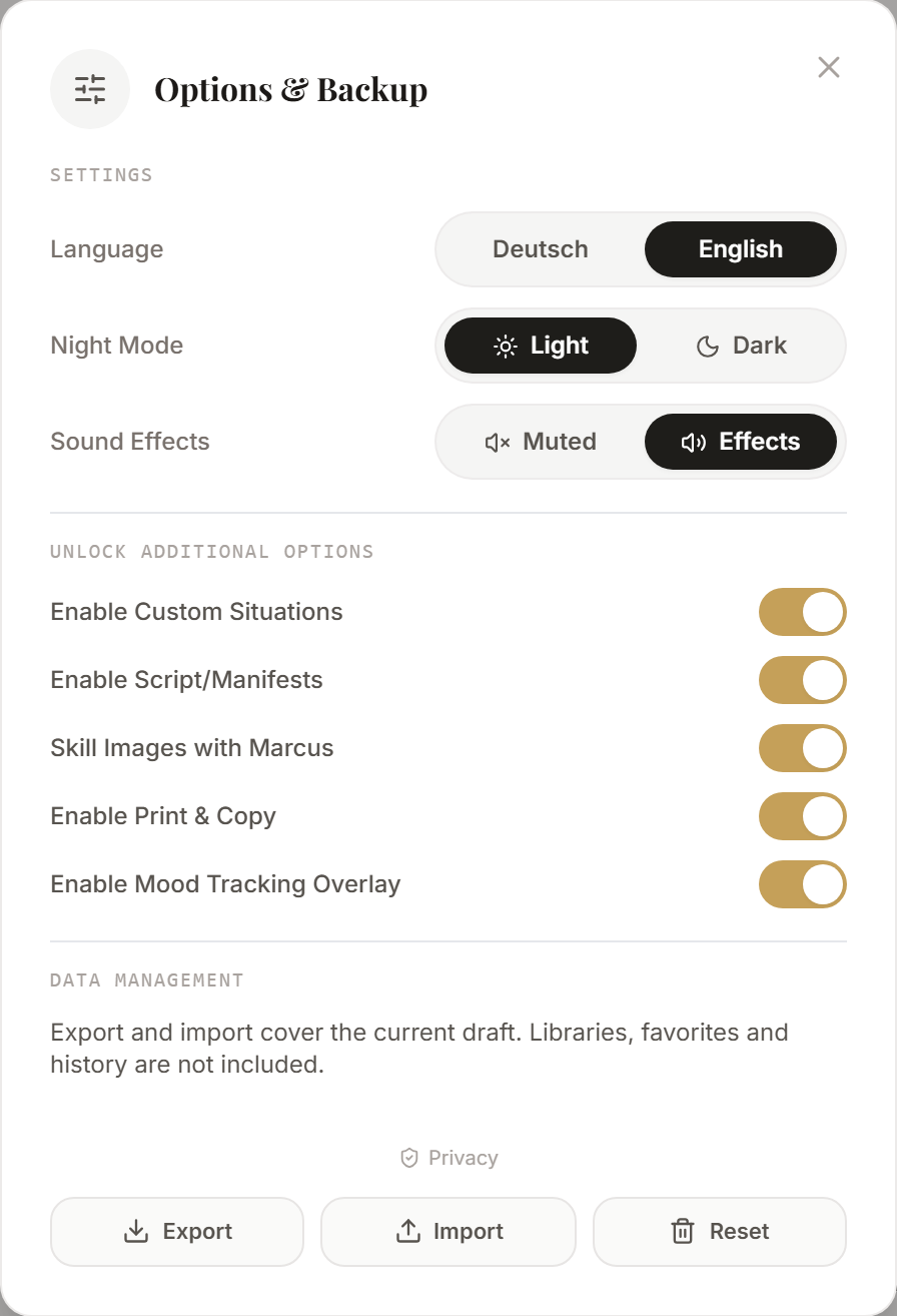 Options and backup with settings and buttons for data backup.