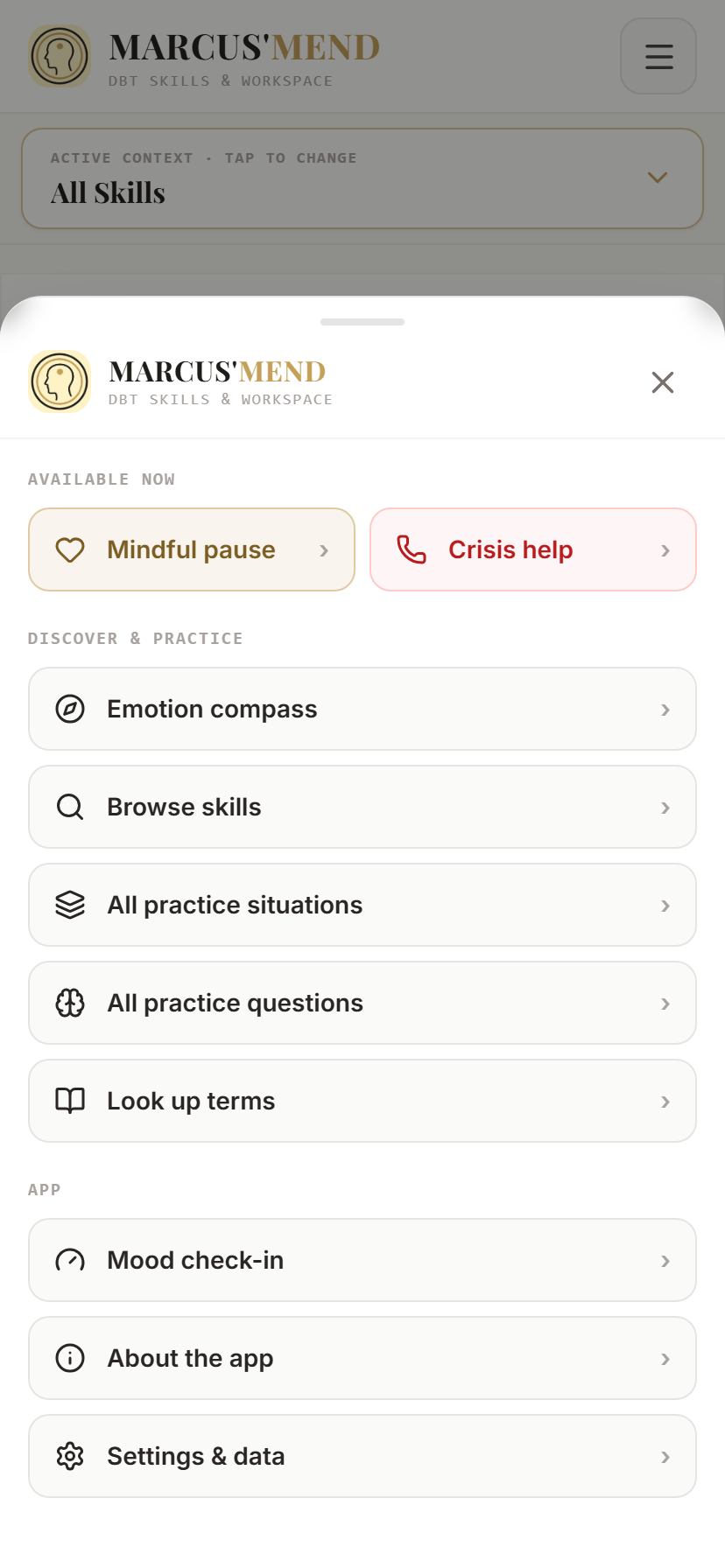 Mobile menu with sections, exercises, mood, and settings.
