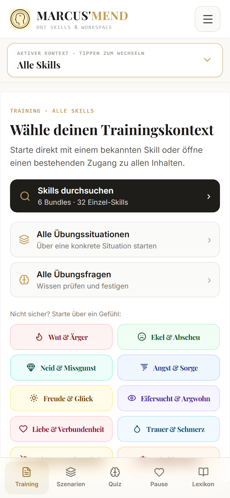 Marcus’Mend: Trainingsstart mit Skill-Auswahl, Alltagssituationen und Einstieg über Gefühle.