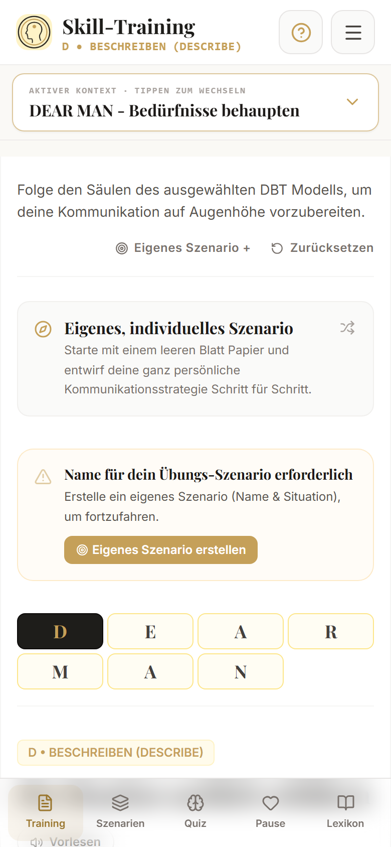 Skript-Training mit den sieben DEAR-MAN-Schritten.