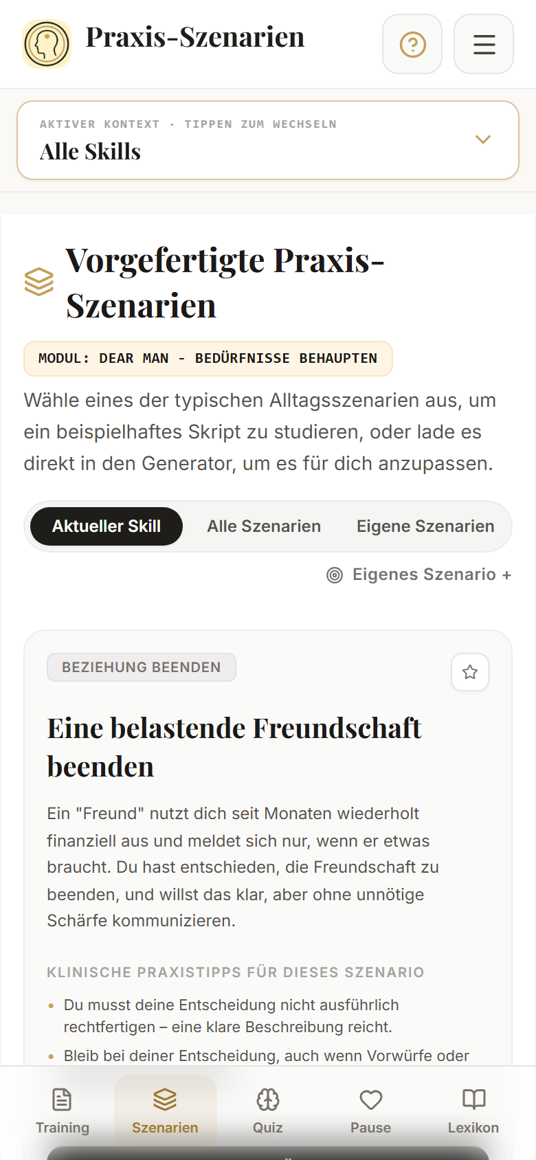 Praxis-Szenarien mit einem mitgelieferten Beispiel zum Beenden einer belastenden Freundschaft.