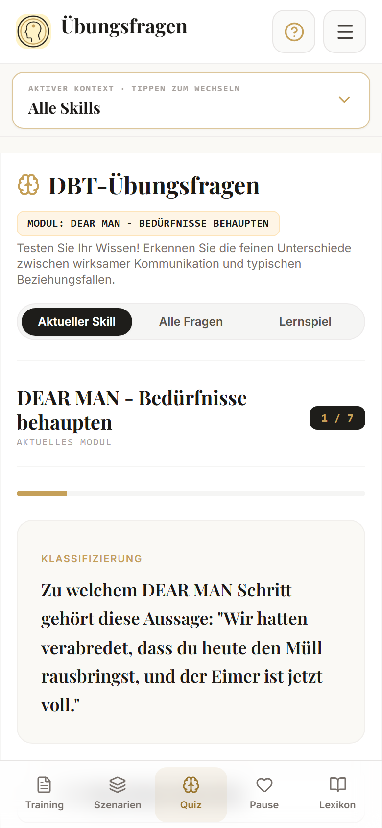 Übungsfragen zum aktuellen Skill mit Lernspiel-Auswahl.