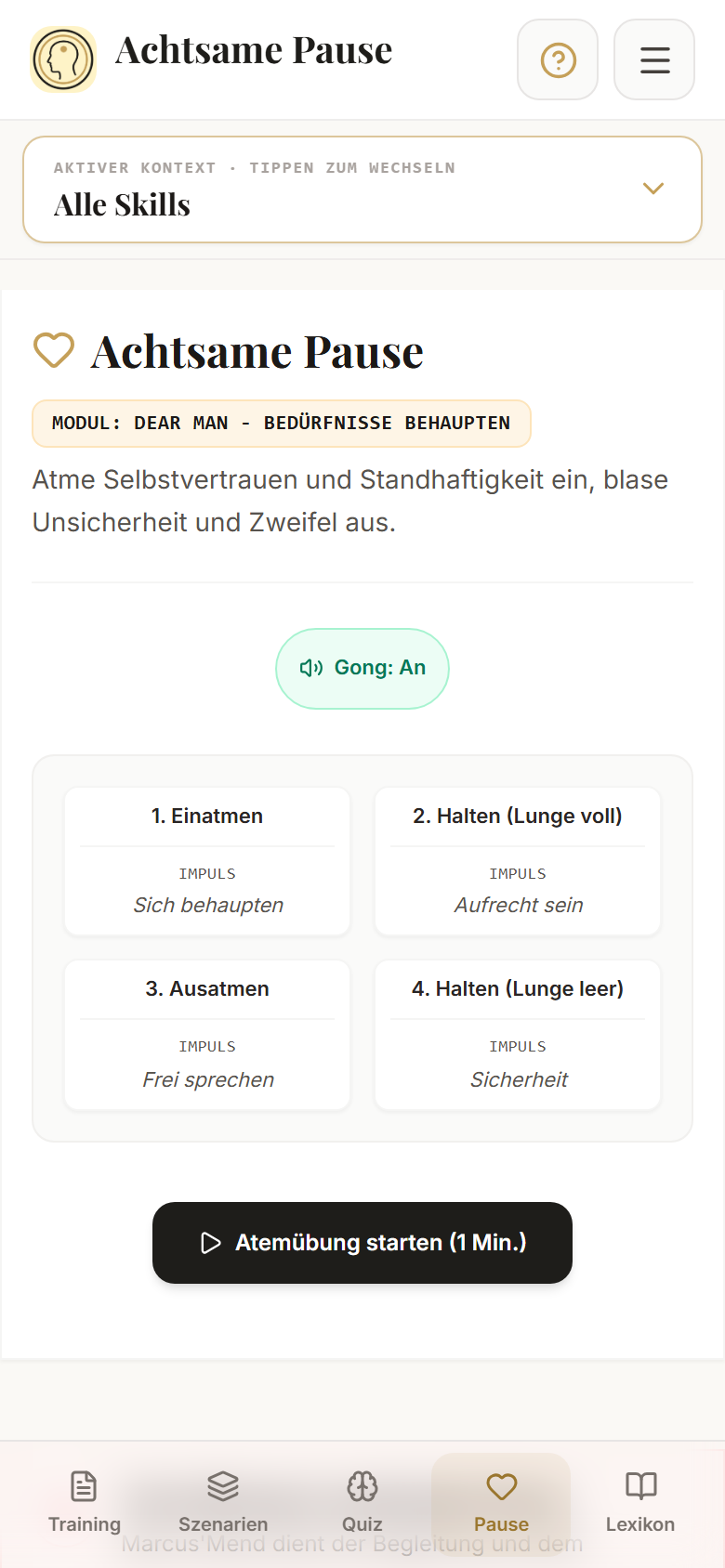 Achtsame Pause mit optionalem Gong, vier Phasen und Startschaltfläche. Statische Abbildung, kein laufender Ton.