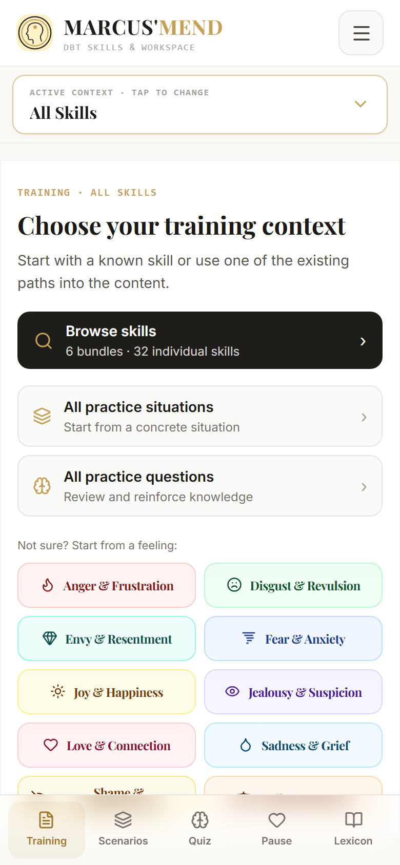 Marcus’Mend: Training start with skill selection, everyday situations, and entry via feelings.