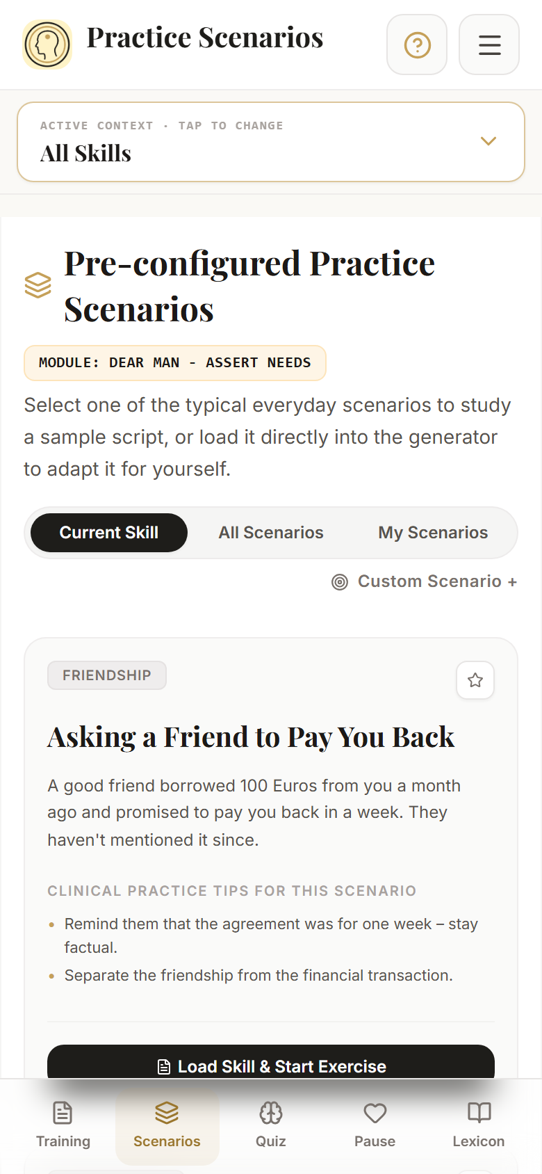 Practice scenarios with an included example on ending a stressful friendship.