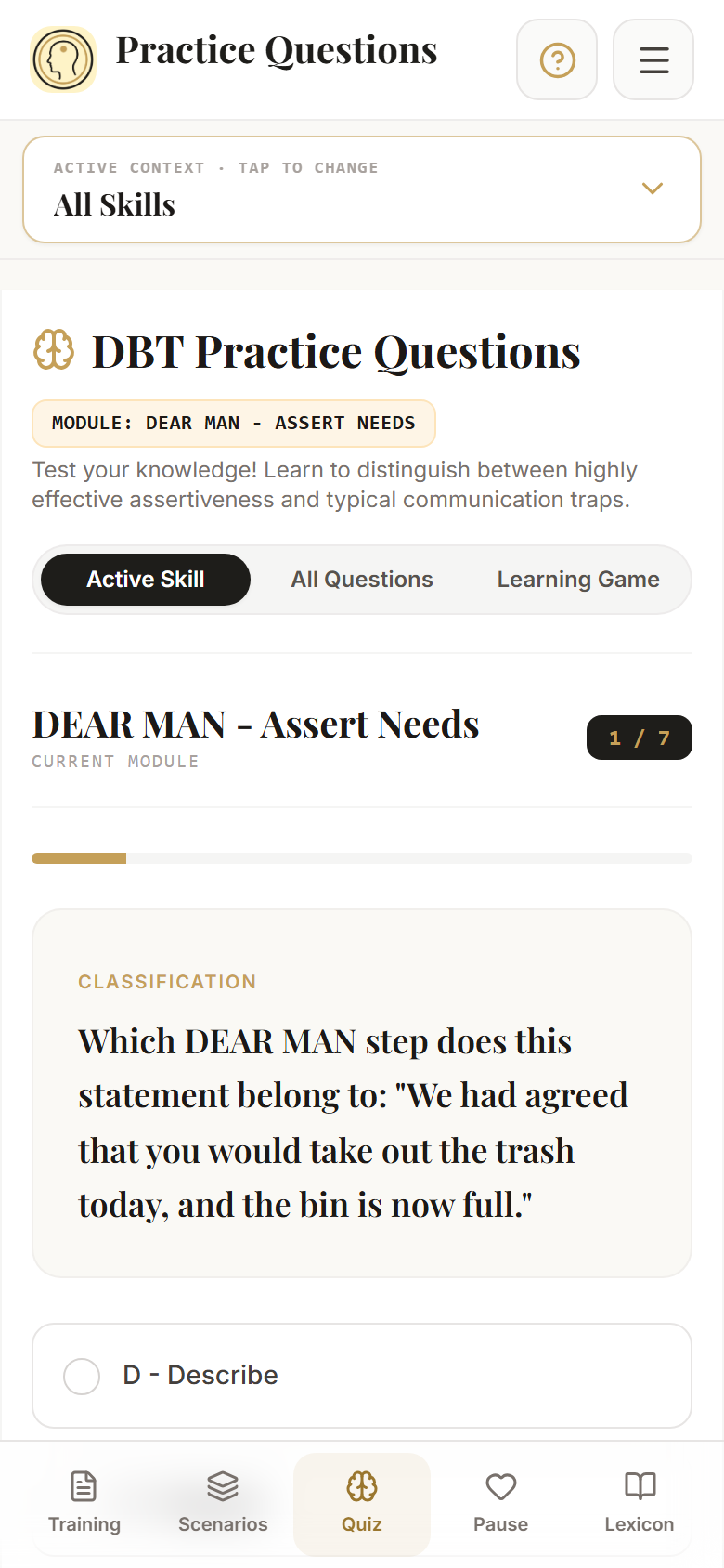 Practice questions for the current skill with game-based learning.