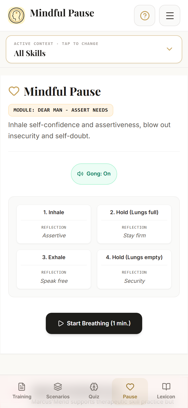 Mindful Pause with optional chime, four phases, and start button. Static illustration.